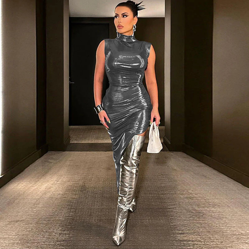 Solid Color Faux Leather Slim Pleated Sleeveless Dress