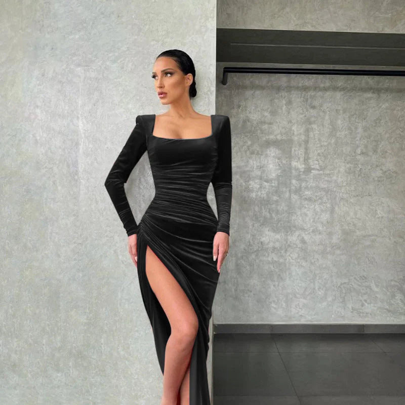 Square Neck Fold High Waist Tuxedo Dress