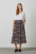 FLORAL PRINT BUTTON FRONT SKIRT: BLACK MULTI