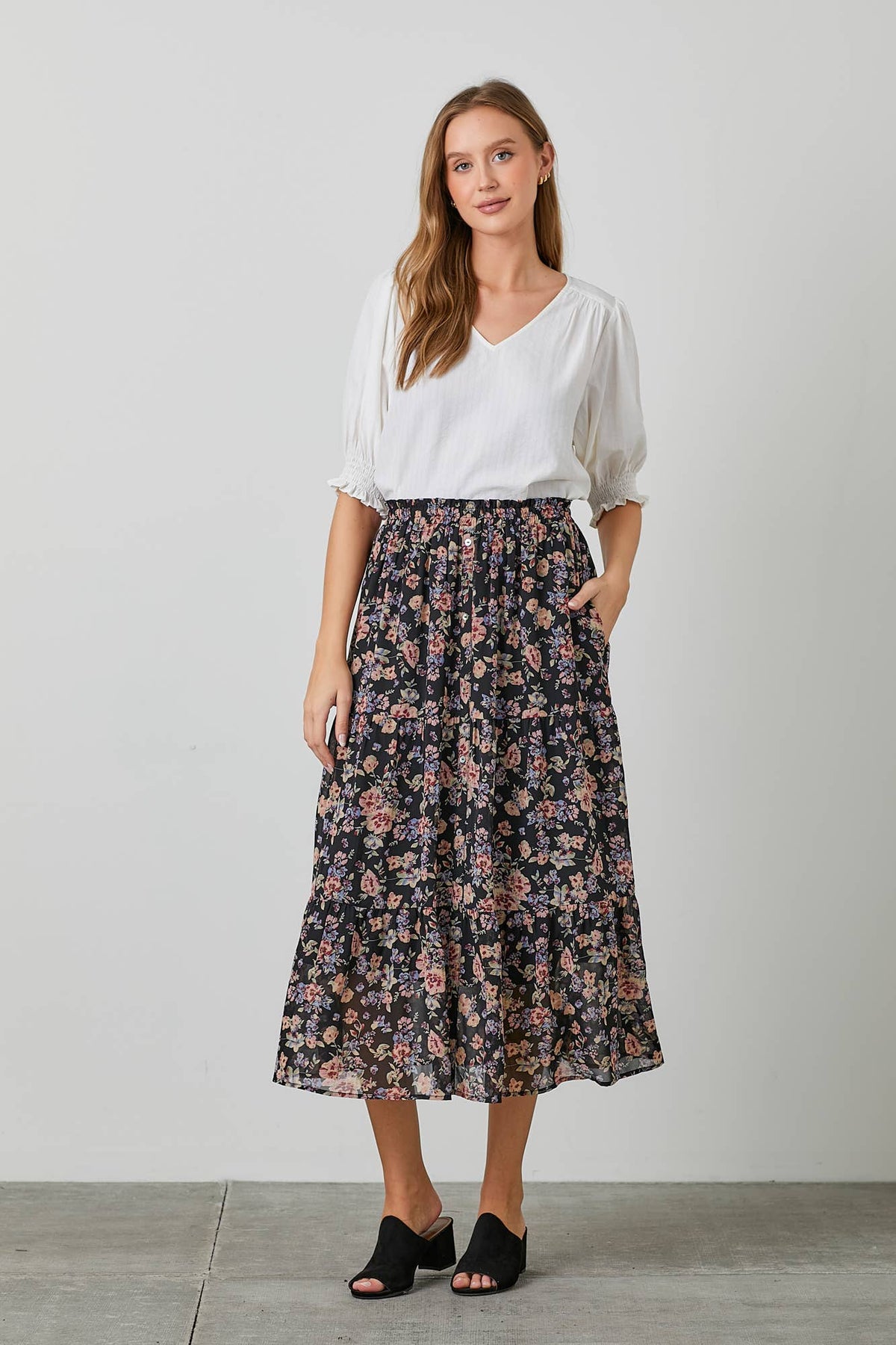 FLORAL PRINT BUTTON FRONT SKIRT: BLACK MULTI