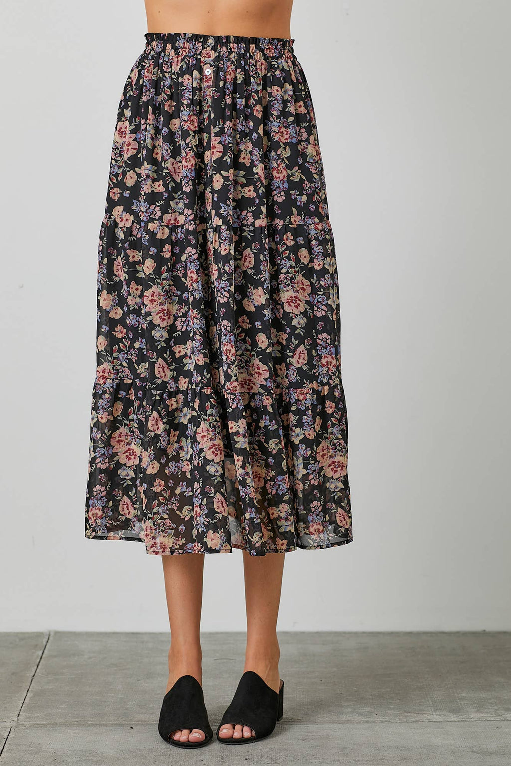 FLORAL PRINT BUTTON FRONT SKIRT: BLACK MULTI