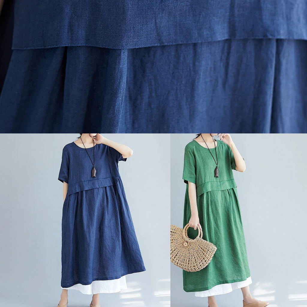 Women o neck pockets cotton linen quilting dresses Photography green Dress summer