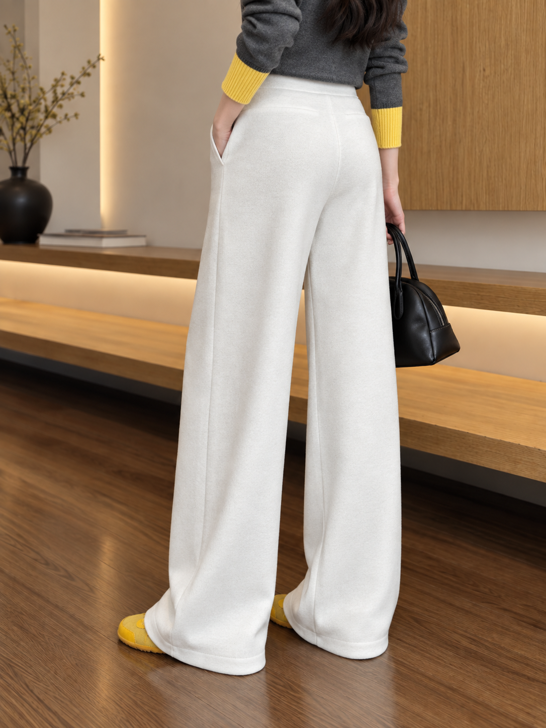 White high-waisted wide-leg trousers