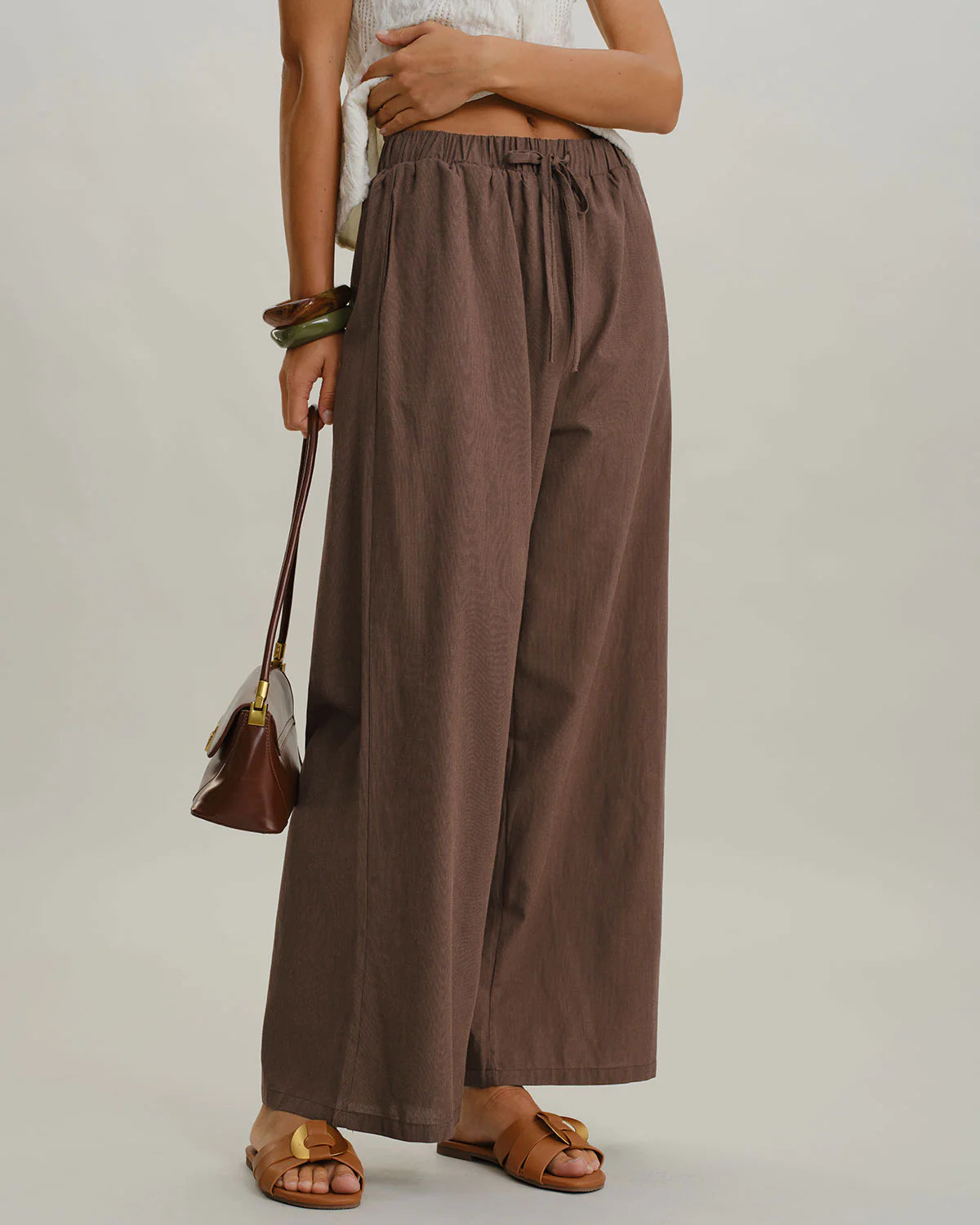 Coffee Elastic Waist Wide Leg Pants