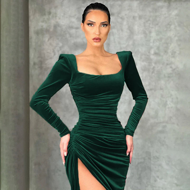 Square Neck Fold High Waist Tuxedo Dress