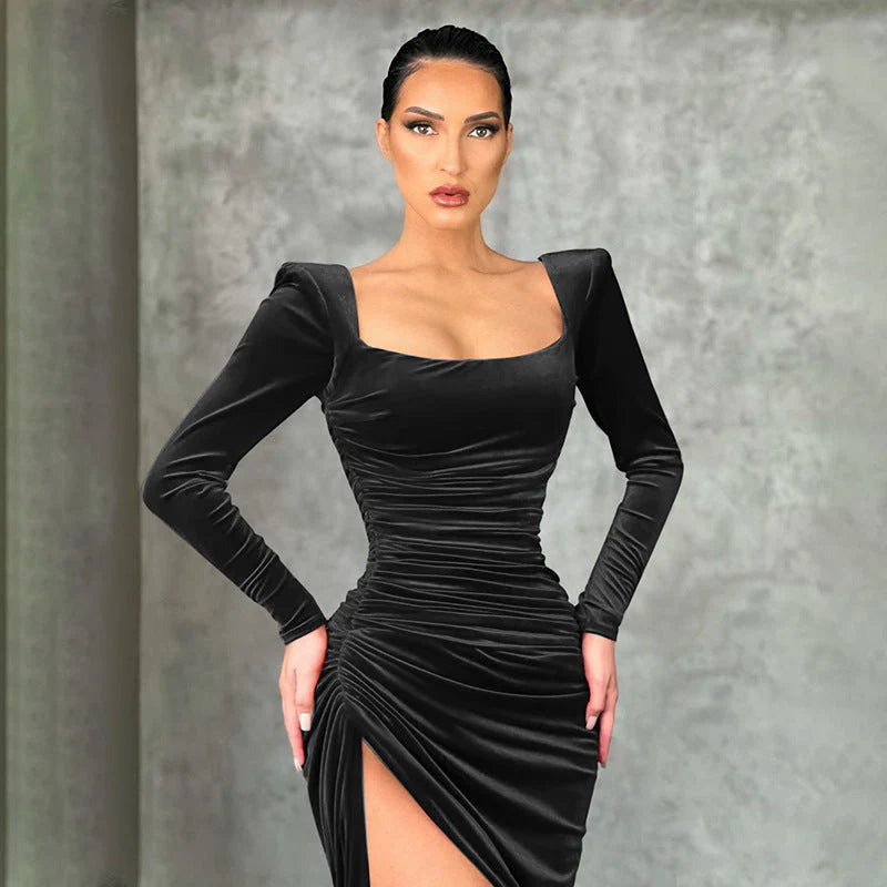 Square Neck Fold High Waist Tuxedo Dress