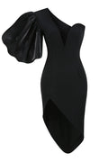 Black Puff Sleeve Asymmetric Midi Dress