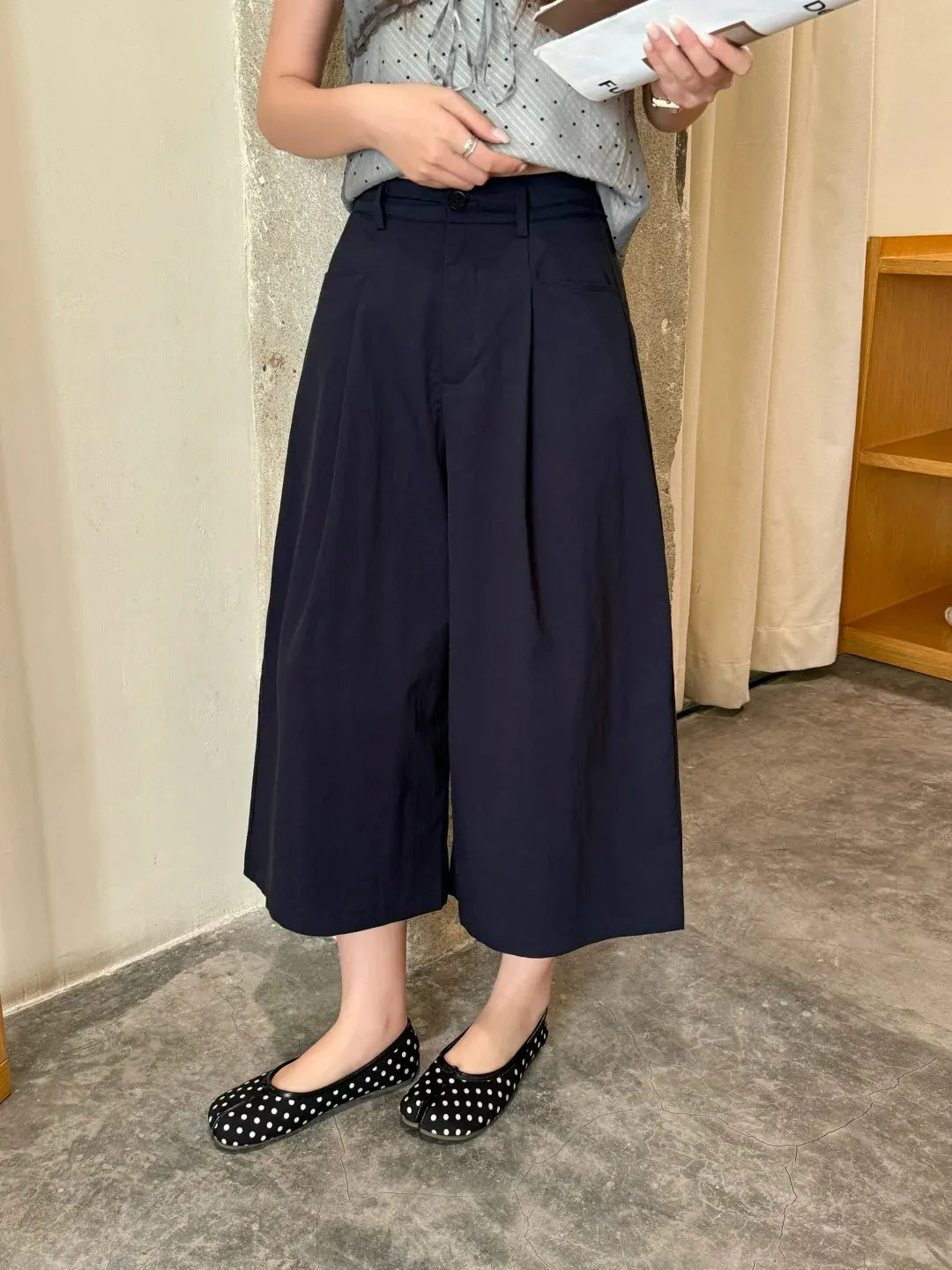 Dark blue high-waisted wide-leg pants