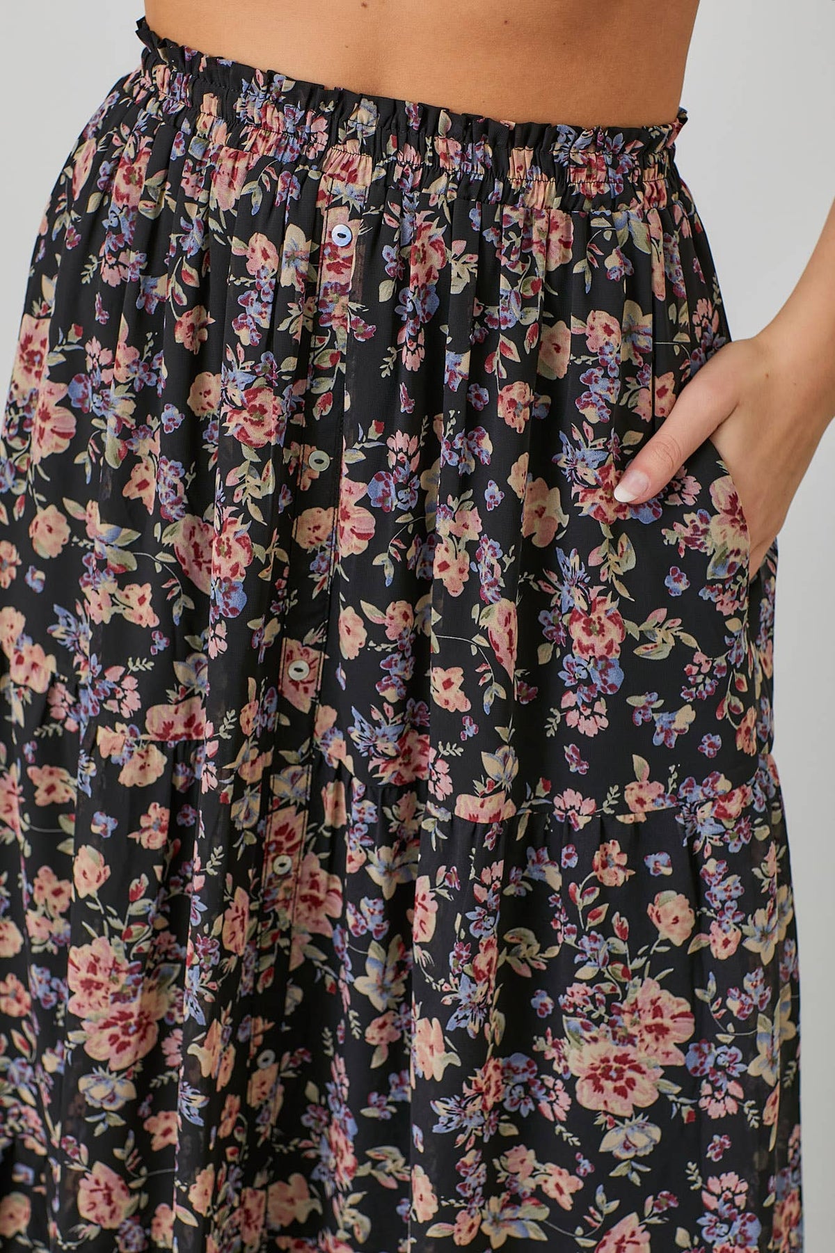 FLORAL PRINT BUTTON FRONT SKIRT: BLACK MULTI
