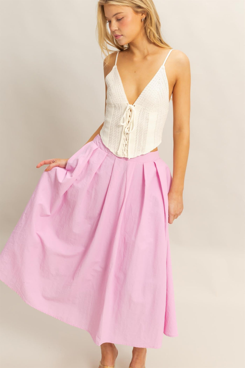 High Waist Pleated Flowy Maxi Skirt